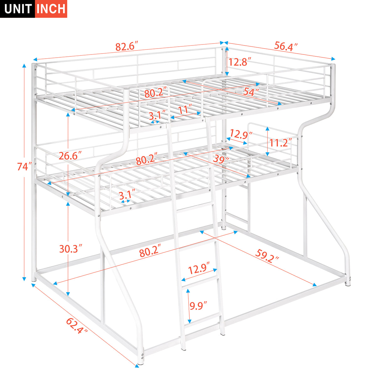 White Triple Bunk Bed – 3-Tier Space-Saving Metal Frame for Kids & Teens