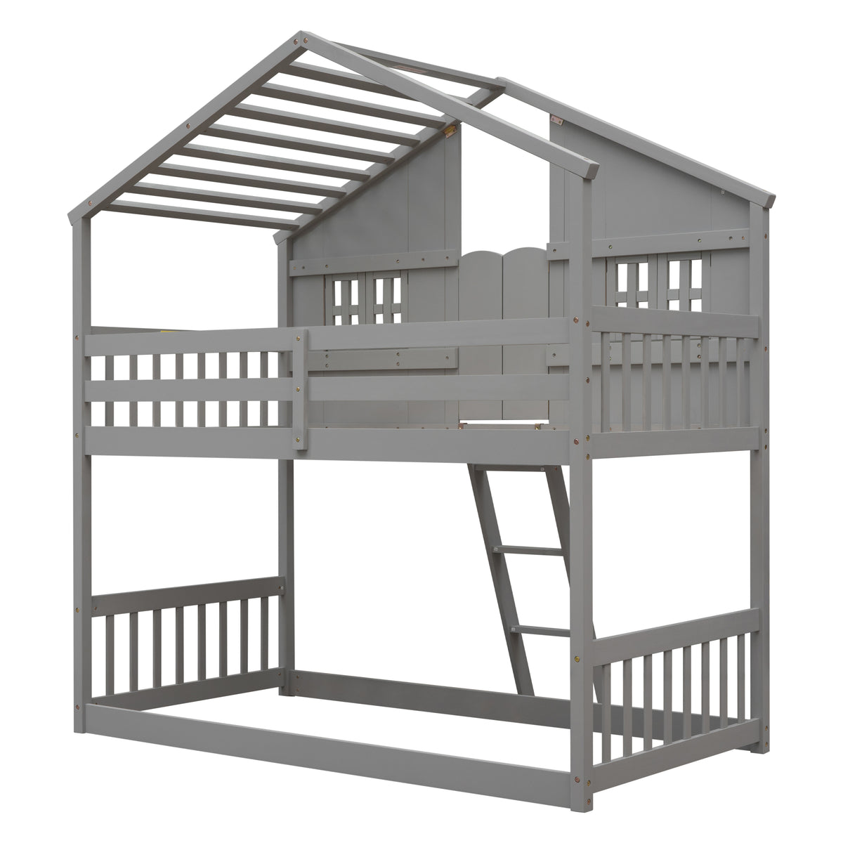 Twin House Bunk Bed with Ladder Grey