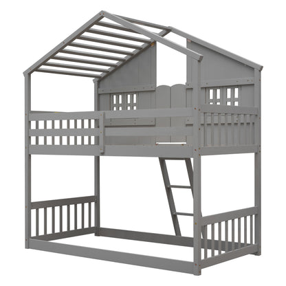 Twin House Bunk Bed with Ladder Grey