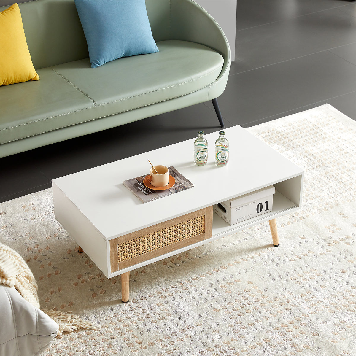 Rattan Coffee Table with Sliding Door White