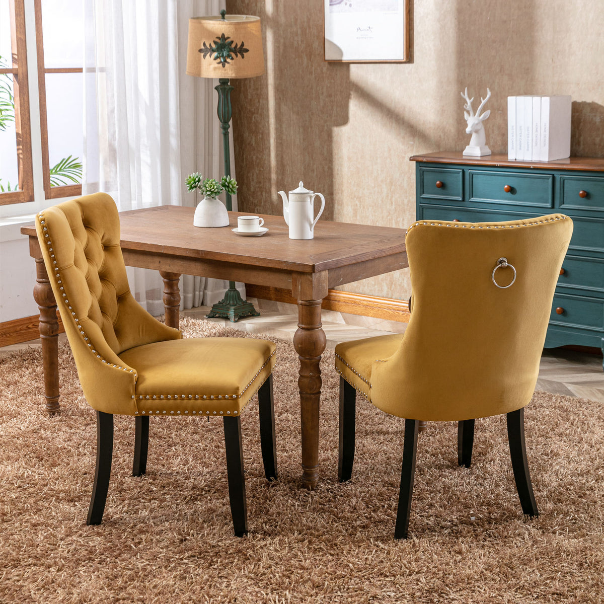 Tufted Velvet Dining Chair Set (2 pcs) – Gold