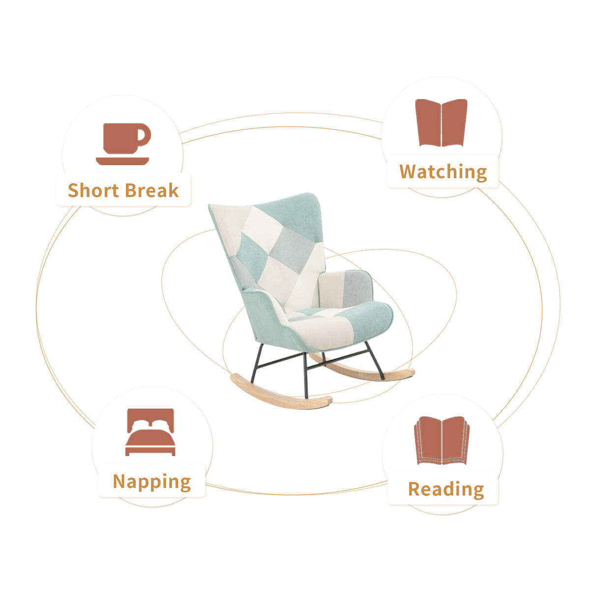 Mid-Century Patchwork Rocking Chair with Ottoman – Linen Fabric