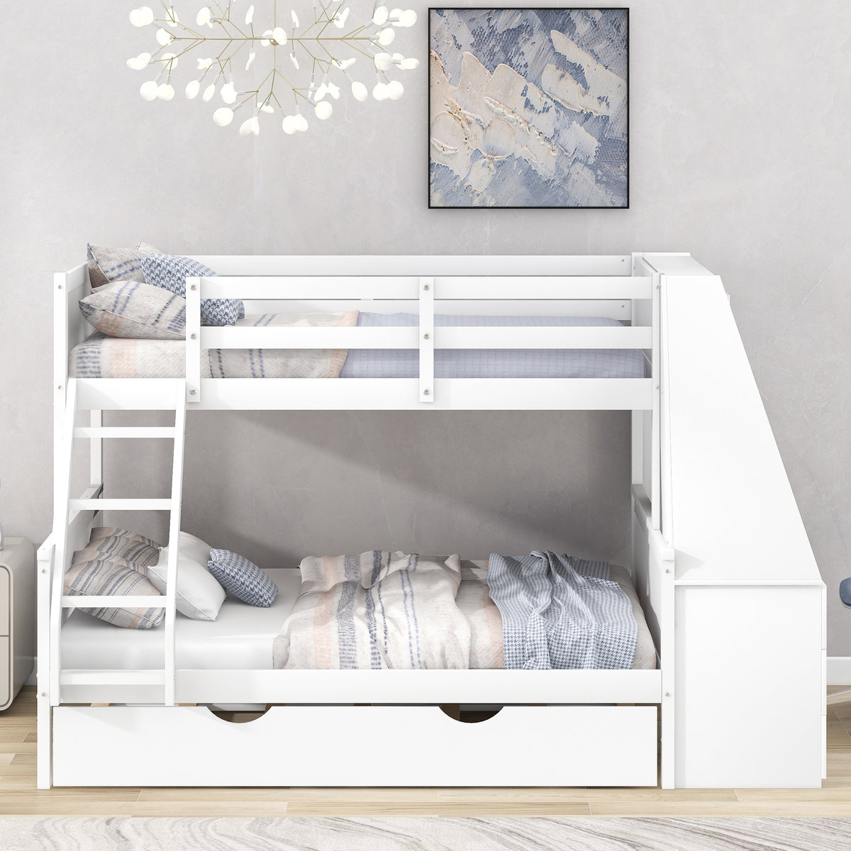 Twin Over Full Bunk Bed with Built-In Desk White