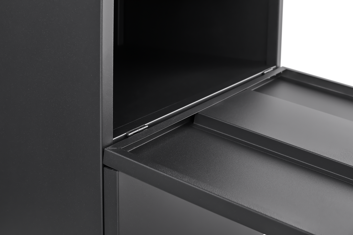 Black Mobile Copier Cabinet – 2-Door Steel File & Printer Stand with Locking Wheels