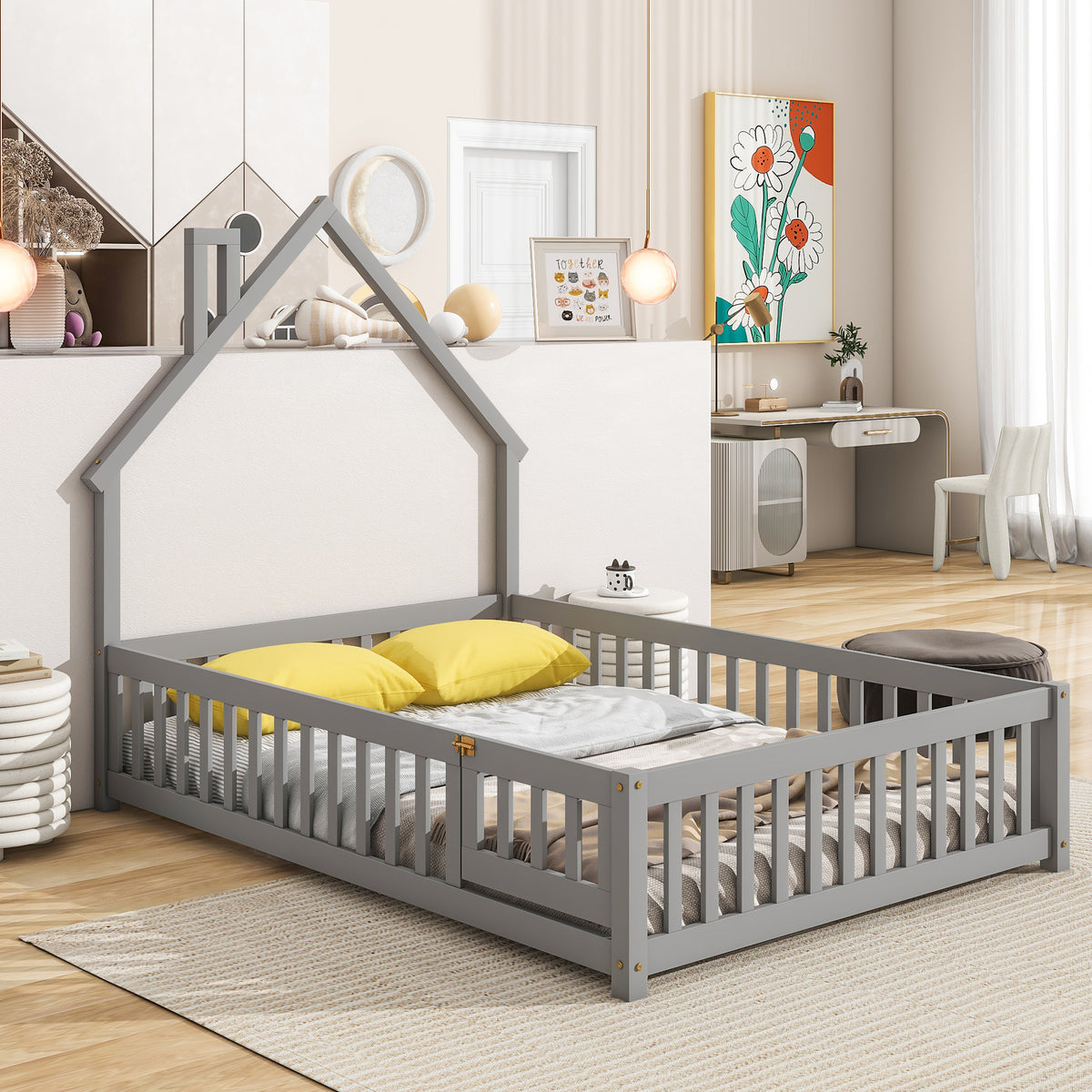 House Frame Bed with Fence Gray