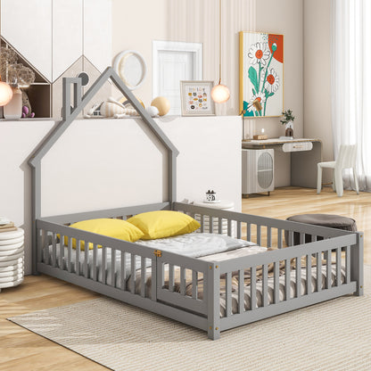 House Frame Bed with Fence Gray