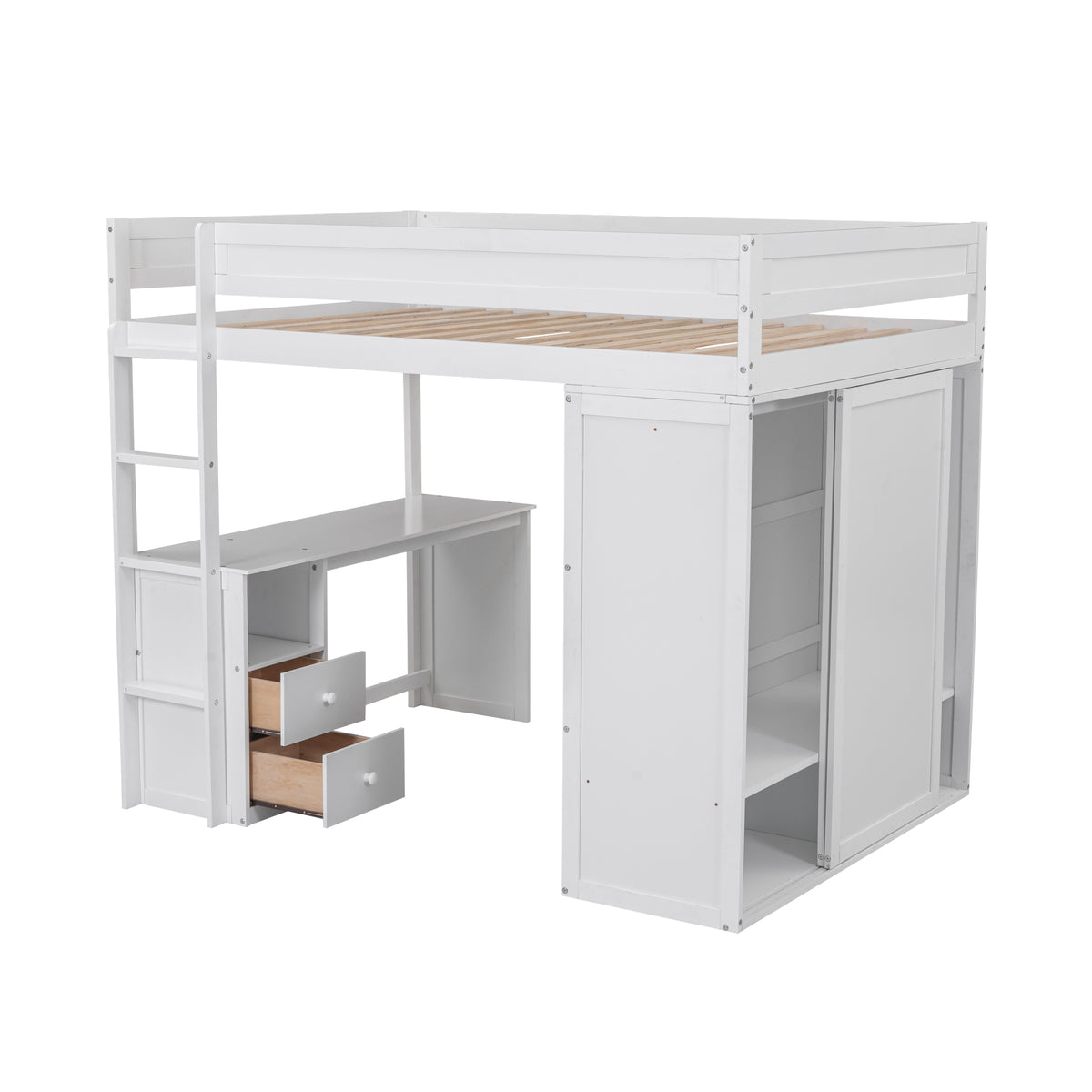 Full-Size Loft Bed with Wardrobe and Drawers White