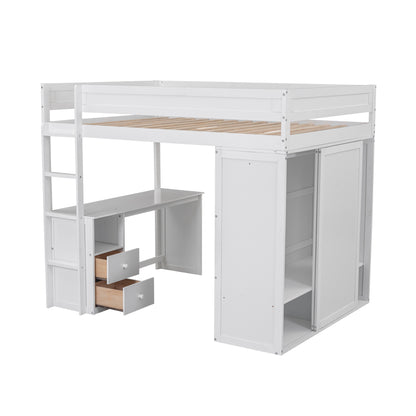 Full-Size Loft Bed with Wardrobe and Drawers White
