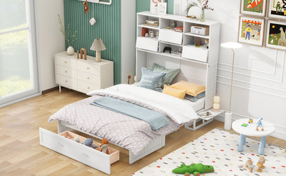 Queen Murphy Bed with Bookcase Storage – White