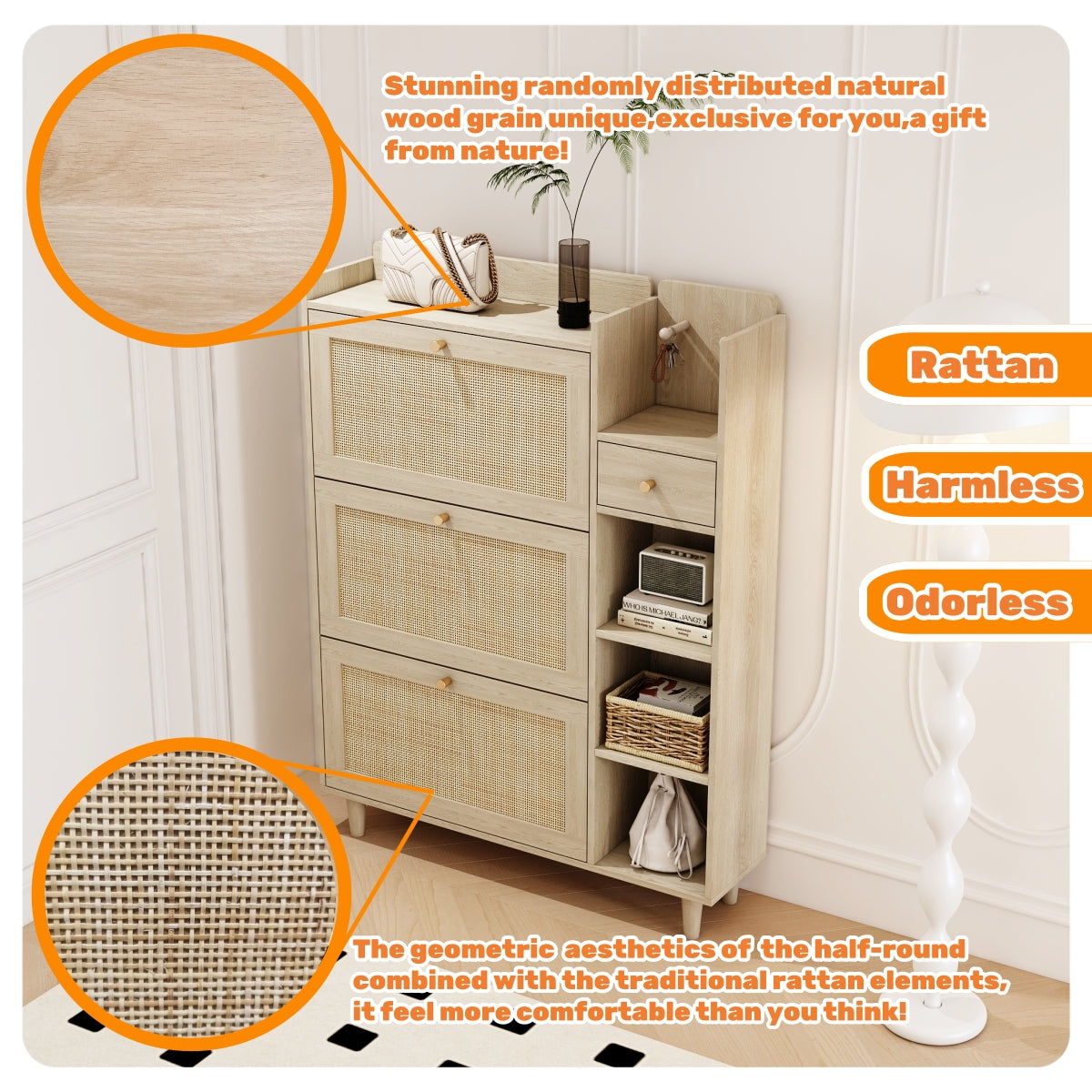 Bohemian Shoe Cabinet with Rattan Flip Drawers Natural