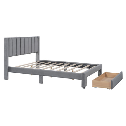 Velvet Platform Bed with Storage Drawer Gray