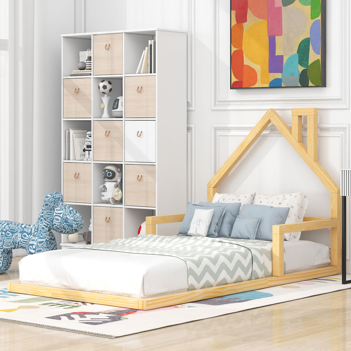 Twin Platform Bed with House Headboard Natural
