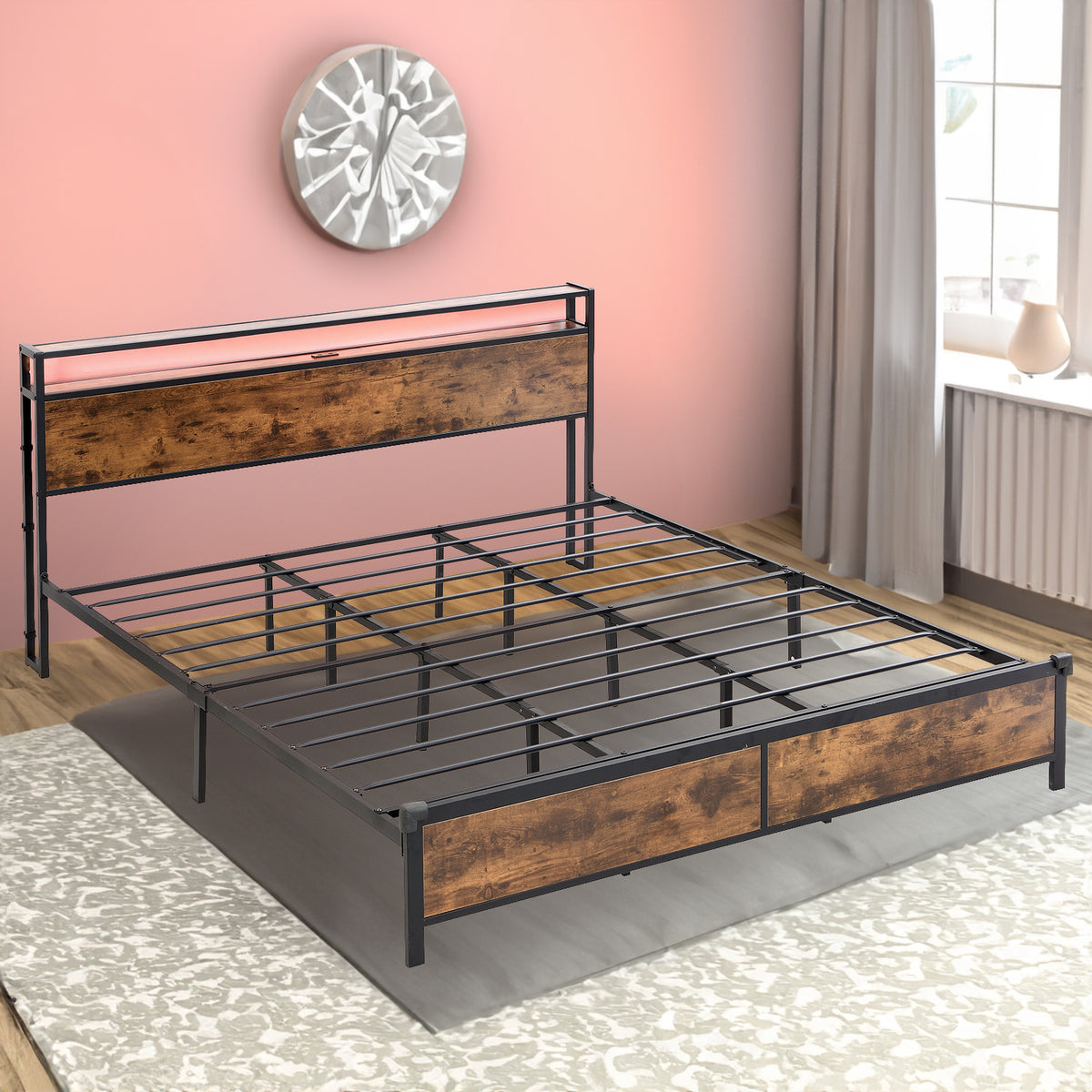 Industrial Storage Bed with LED & USB – Rustic Brown
