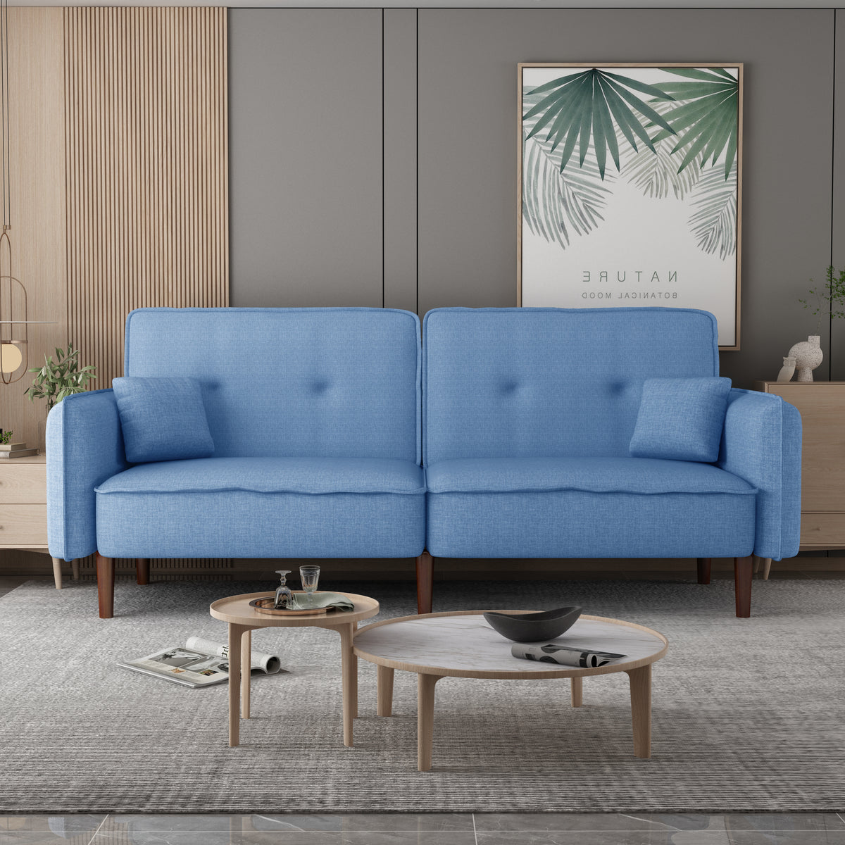 Blue Fabric Living Room Futon Sofa Bed