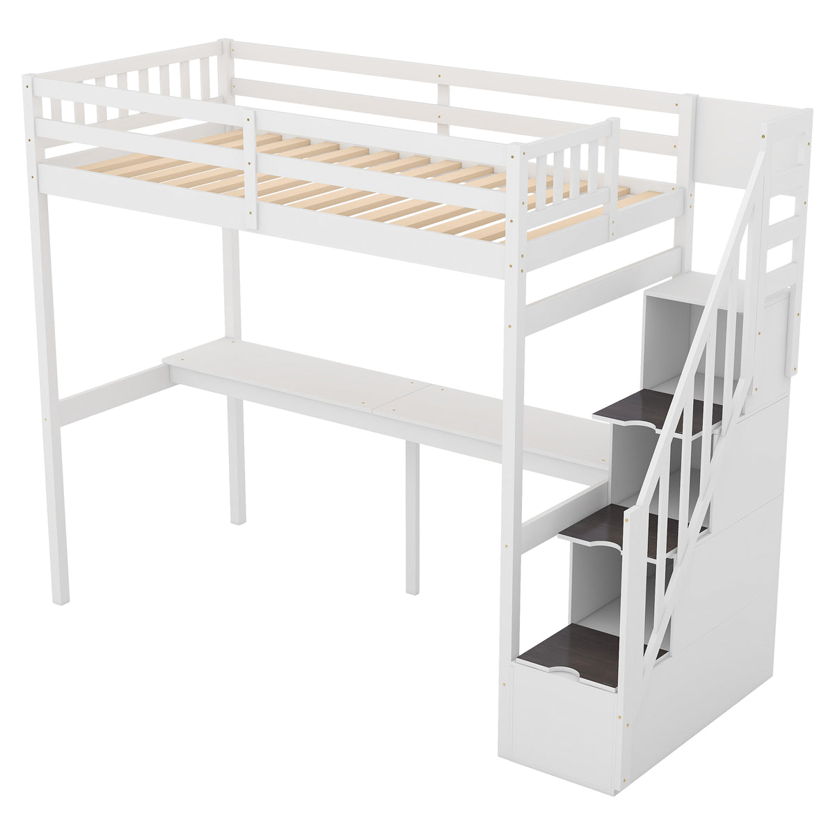 Twin Loft Bed with Staircase and Desk White