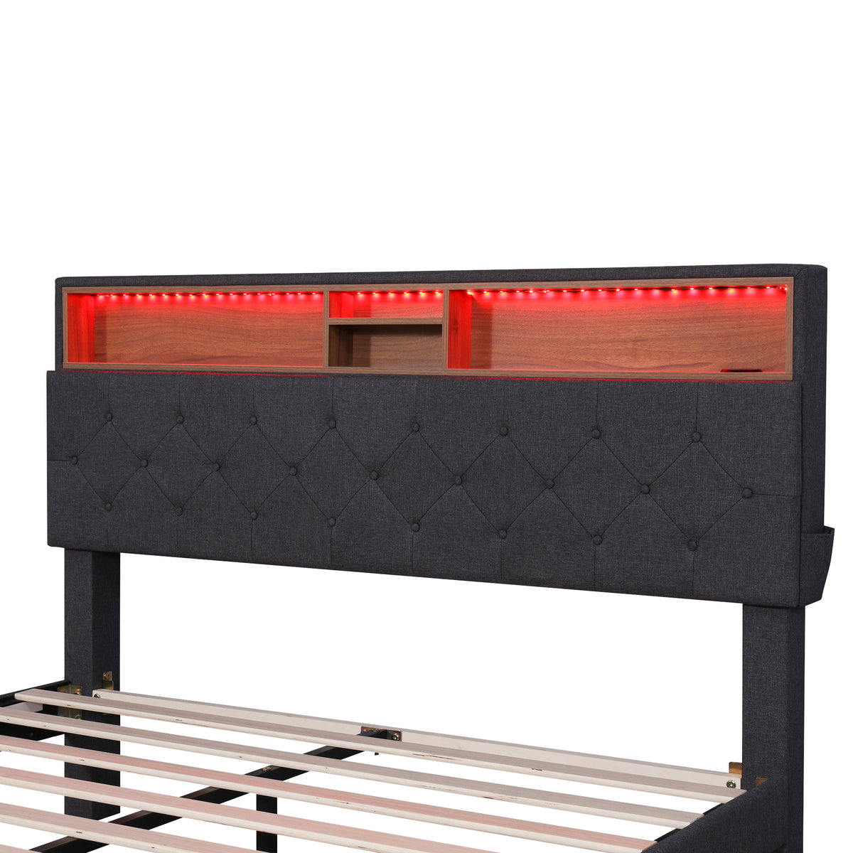 Queen LED Upholstered Storage Bed – Dark Gray