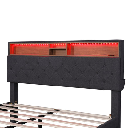 Queen LED Upholstered Storage Bed – Dark Gray