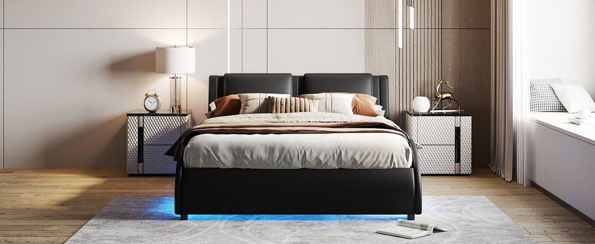Upholstered Queen Bed with LED Light Black