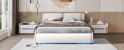 Queen Faux Leather Platform Bed with LED White