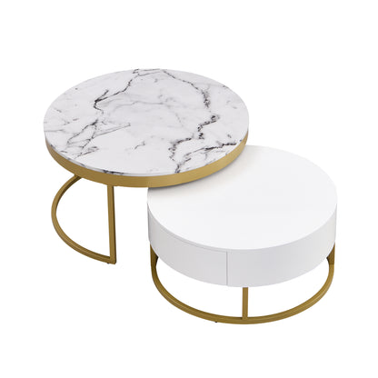 Round Nesting Coffee Table Set White Marble