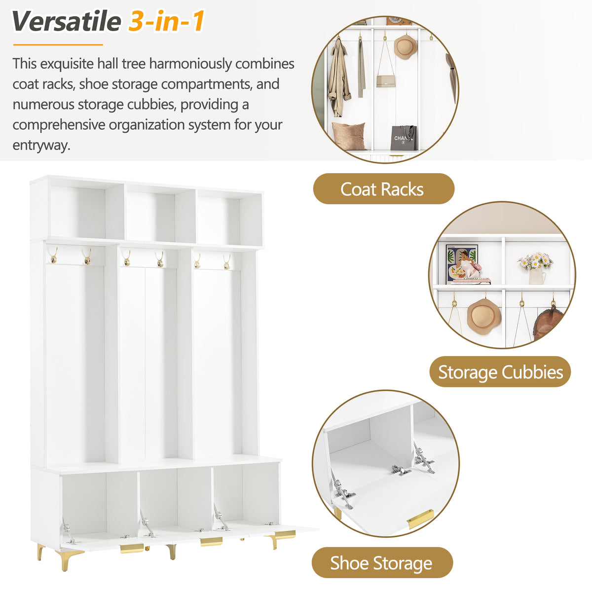 Luxury Storage Hall Bench with Gold Hooks Gray