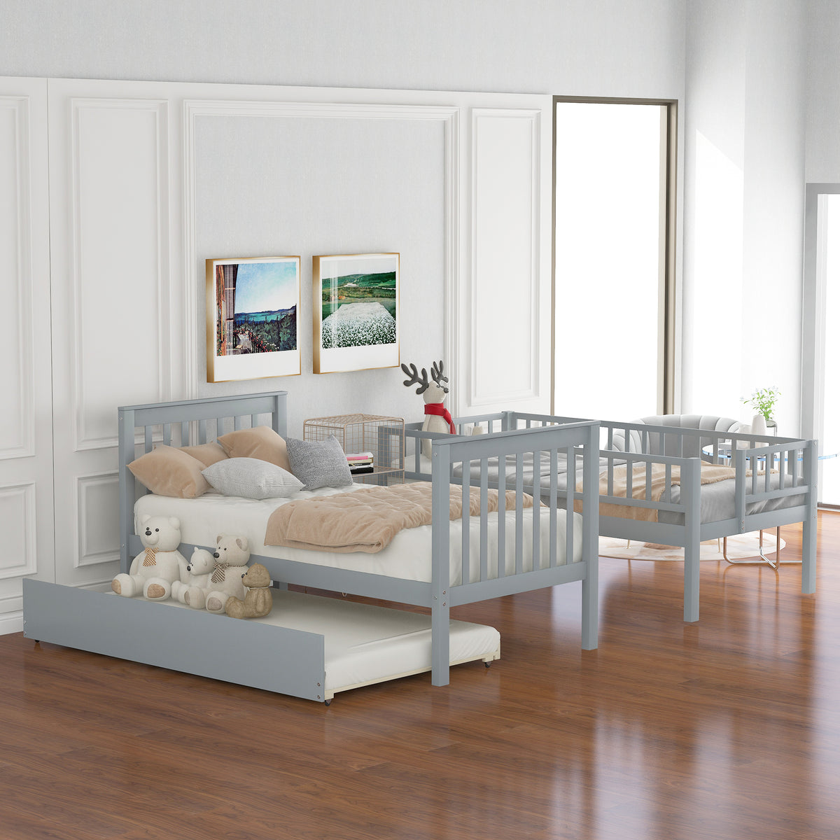 Twin Over Twin Bunk Bed with Trundle Gray