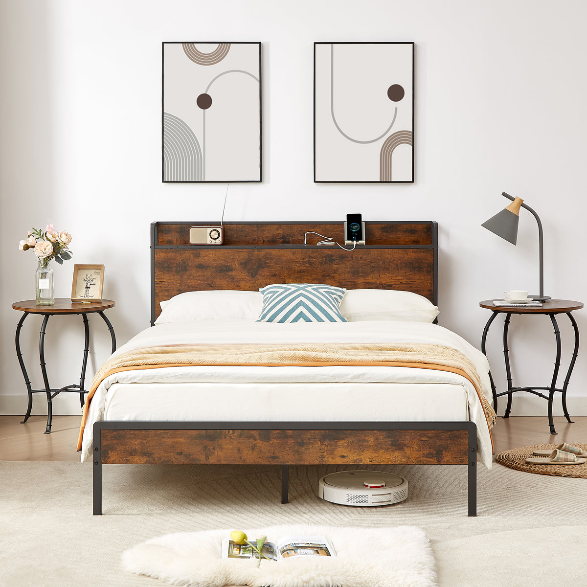 Upholstered Bed Frame with USB Charging Station