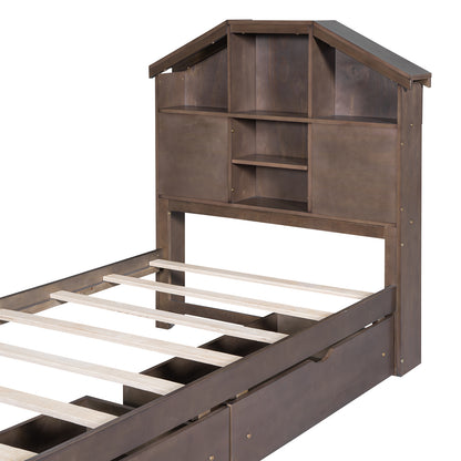 Twin Platform Bed with Storage Drawers Walnut