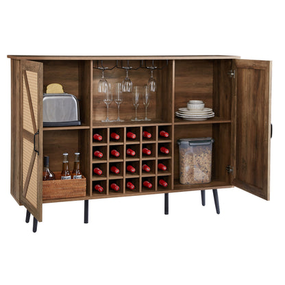 Oak Faux Rattan Wine Cabinet with Removable Shelves
