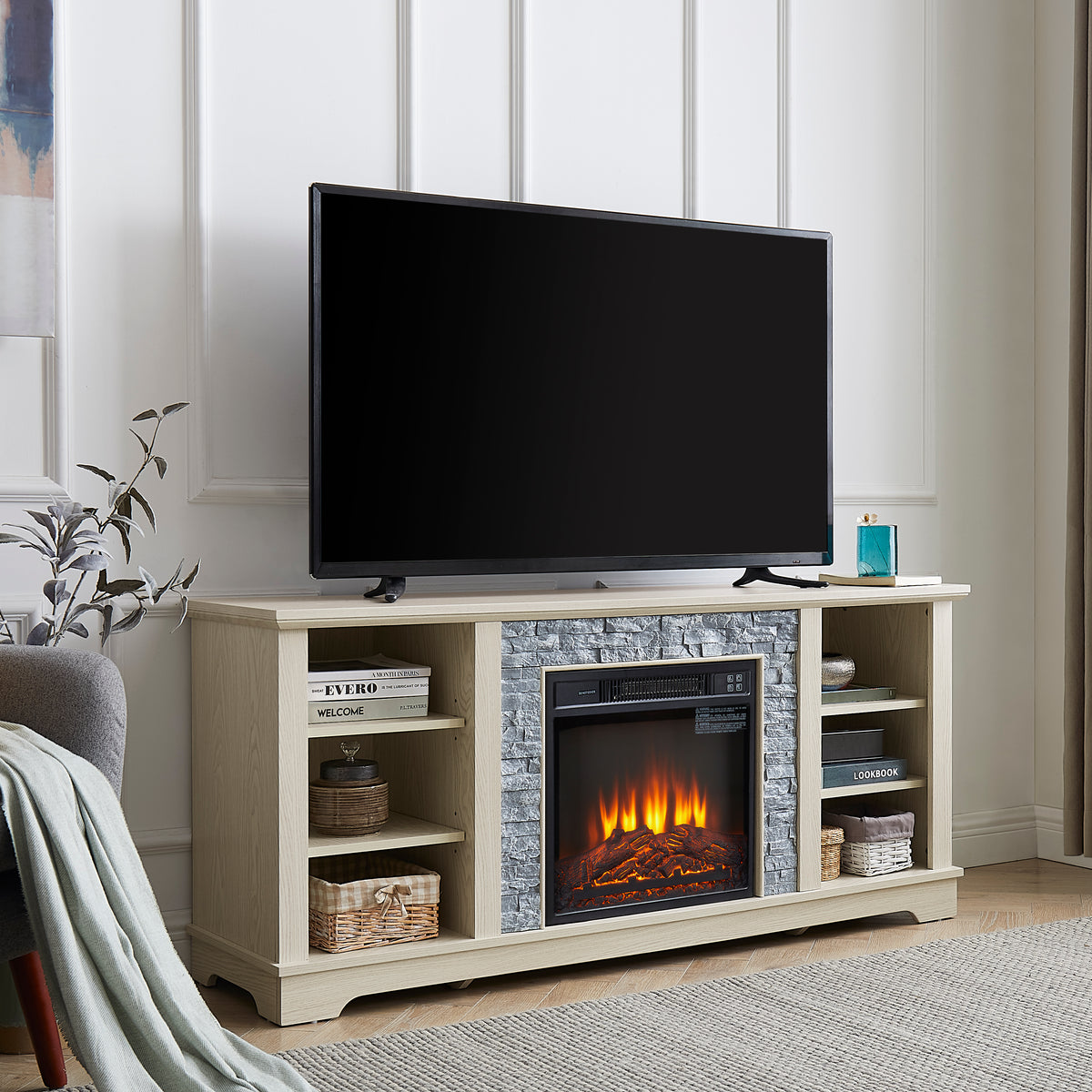 60-Inch Electric Fireplace Media Console White