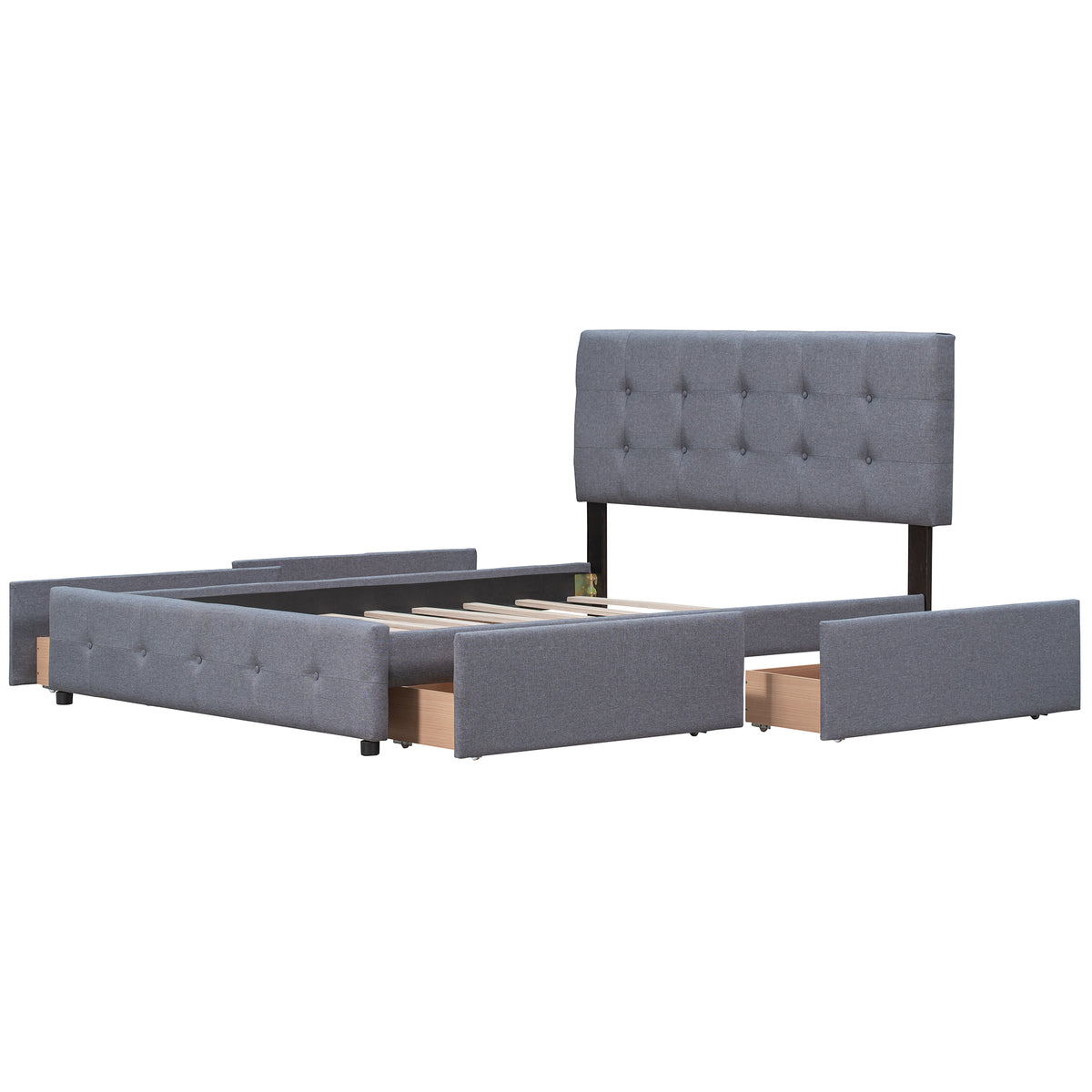 Upholstered Queen Platform Bed with Drawers Gray