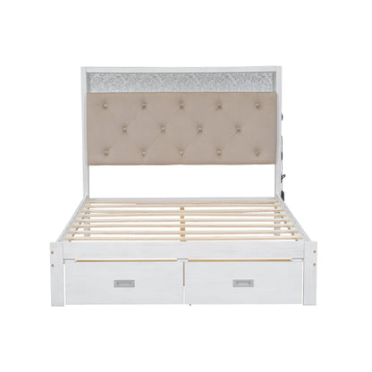 Full Platform Bed with LED Headboard White