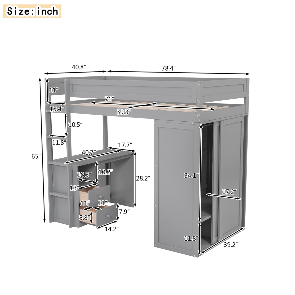 Twin Loft Bed with Wardrobe Gray