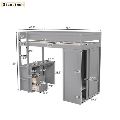 Twin Loft Bed with Wardrobe Gray