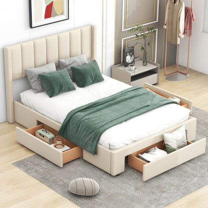 Upholstered Platform Bed with Drawers Beige
