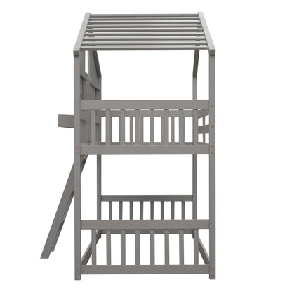 Twin House Bunk Bed with Ladder Grey