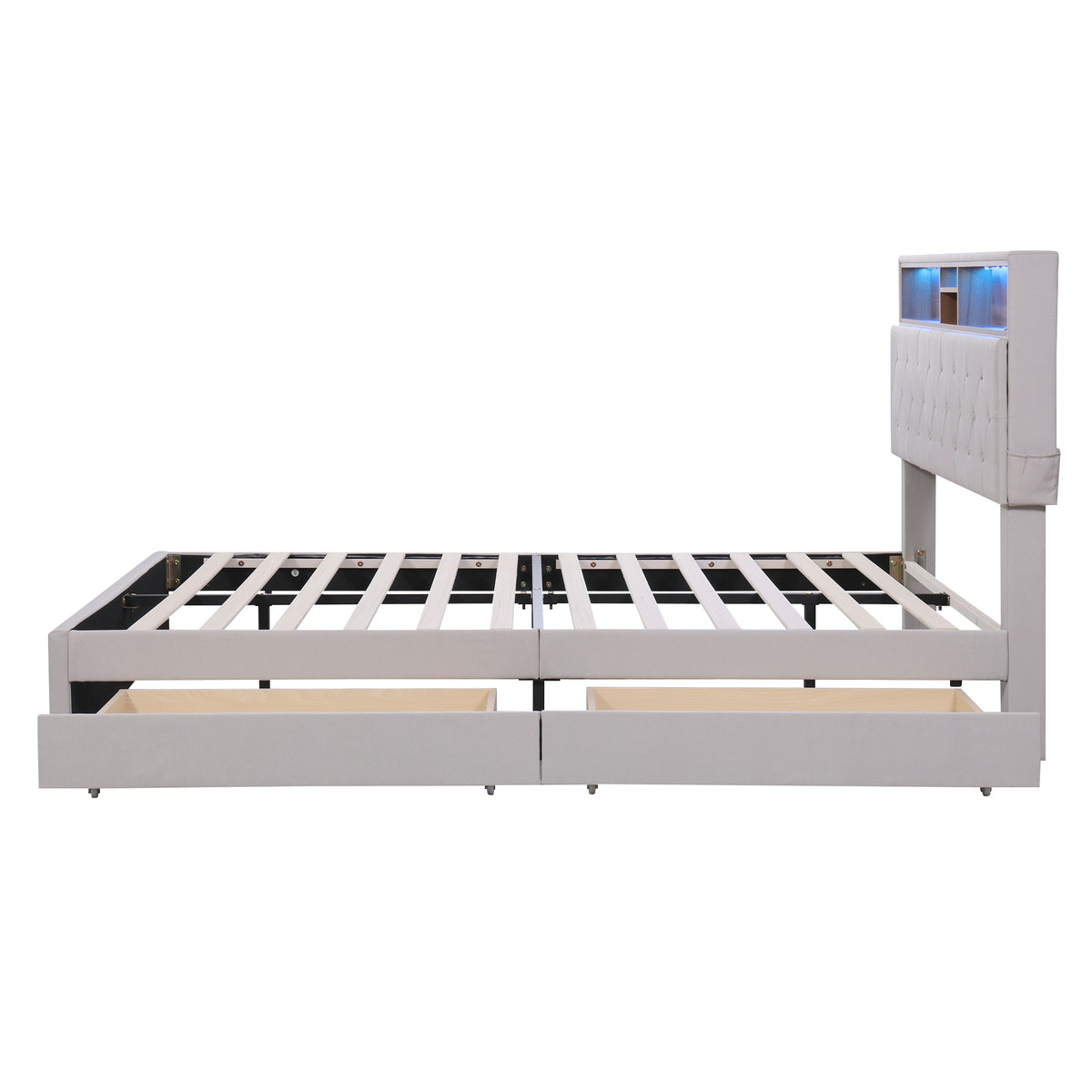 Queen LED Upholstered Storage Bed – Beige