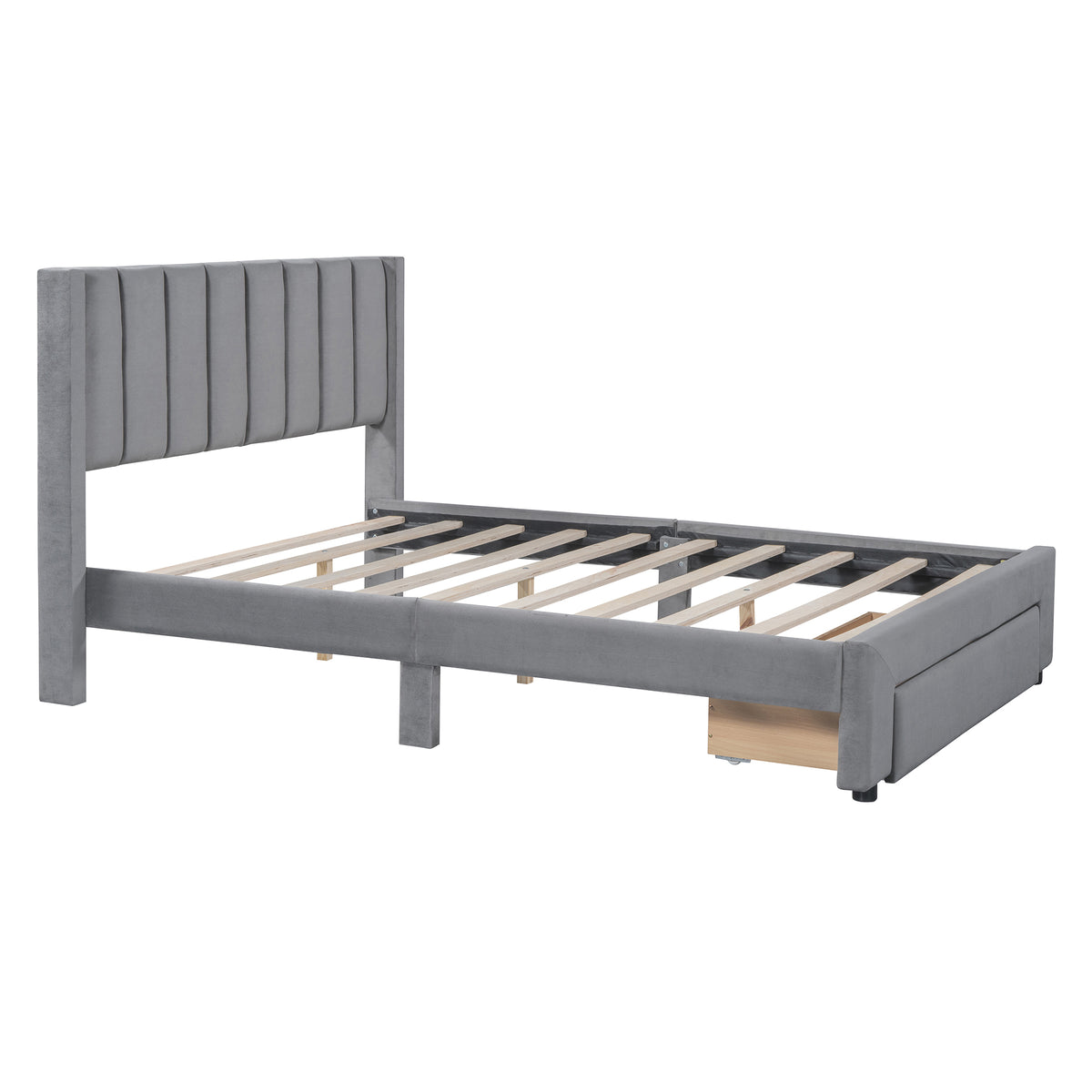 Velvet Platform Bed with Storage Drawer Gray