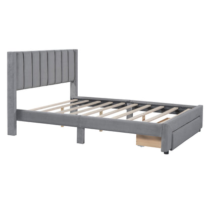 Velvet Platform Bed with Storage Drawer Gray