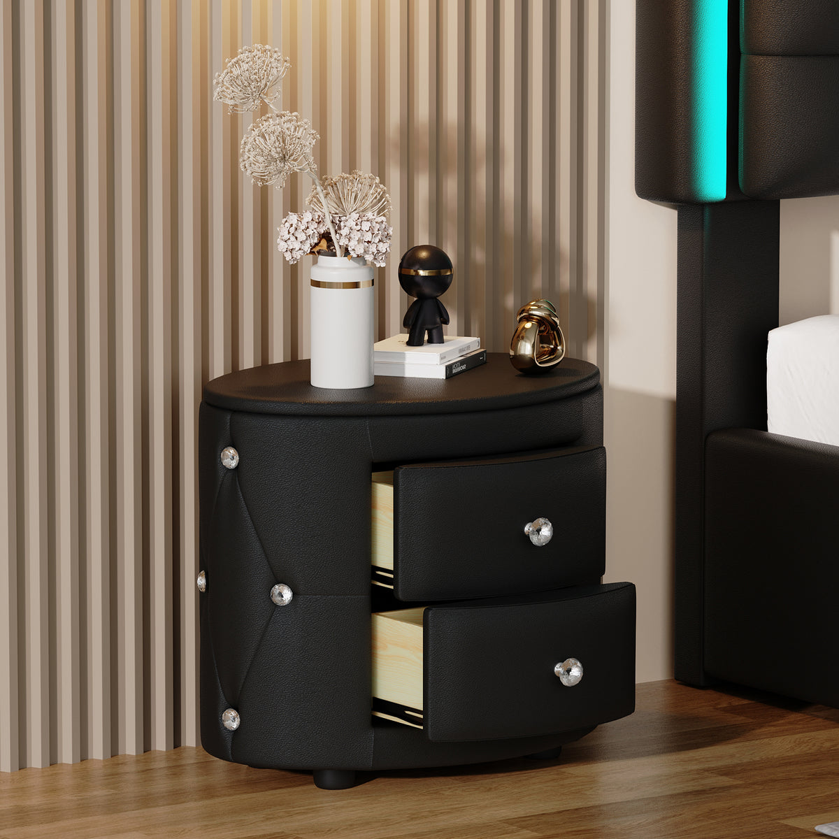 PU Nightstand with Drawers Black