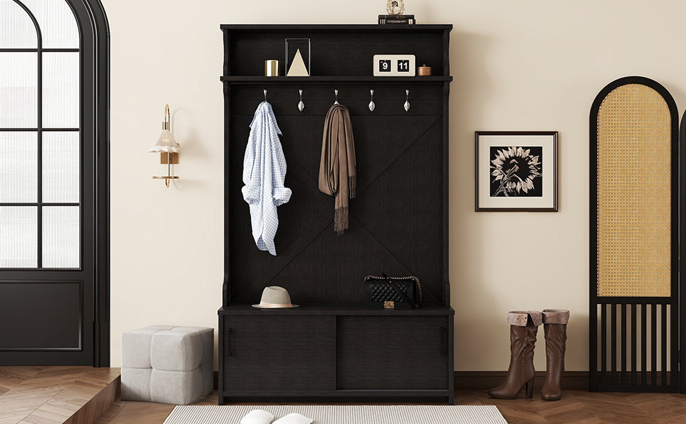 Hall Tree with Sliding Door and Hooks Black