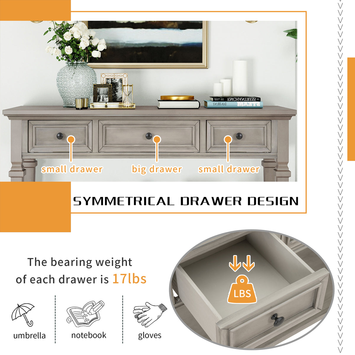 Gray Wood Console Table with Drawers