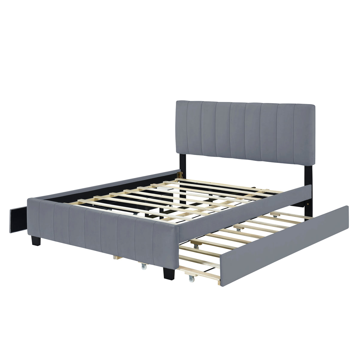 Velvet Upholstered Queen Platform Bed with Trundle Gray