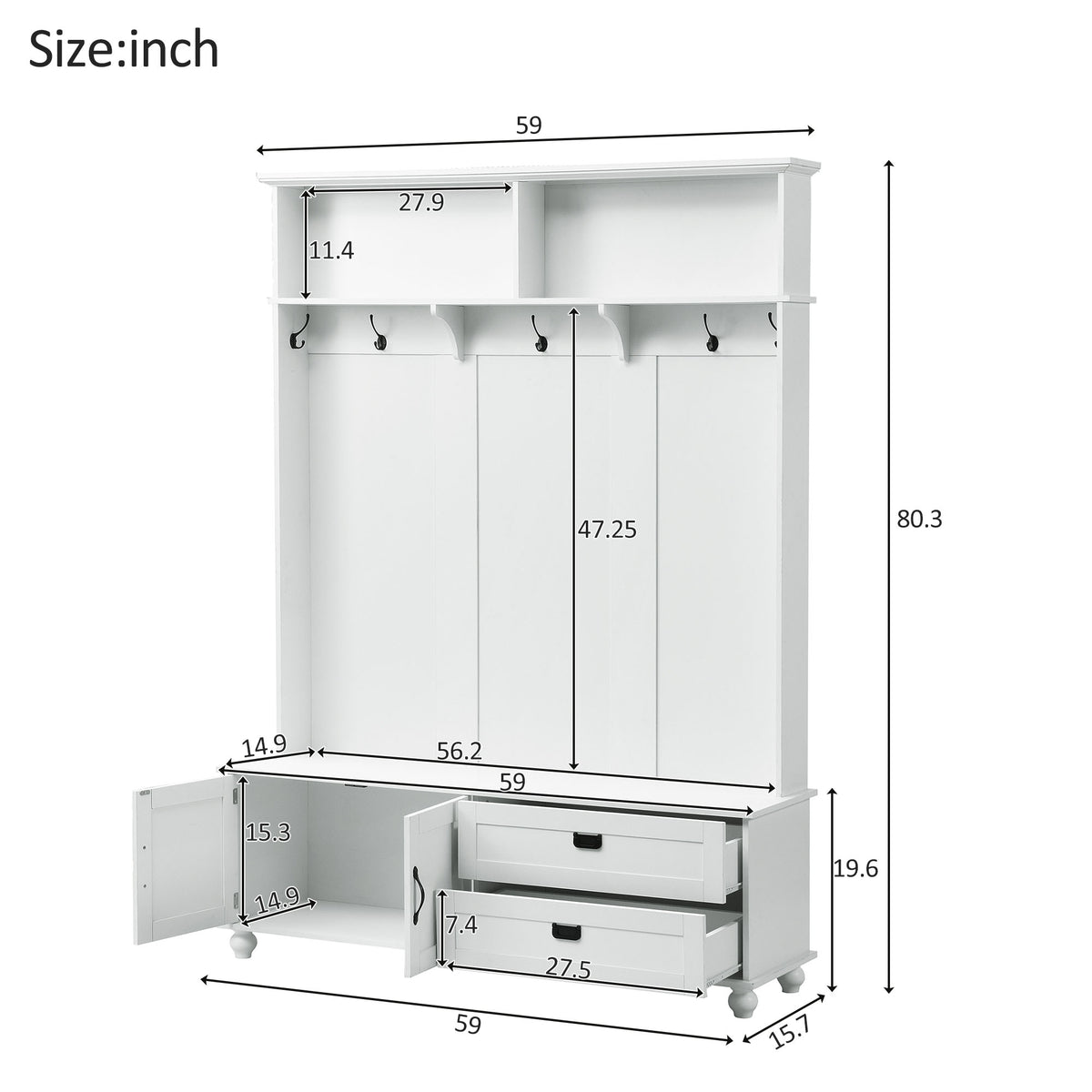 Modern Hall Tree with Drawers White