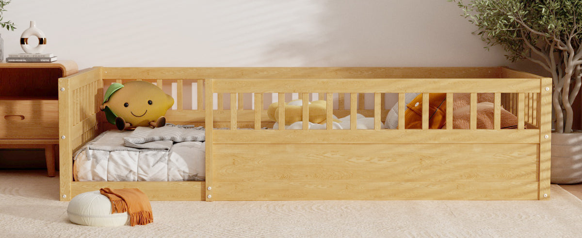 Natural Kids Floor Bed Frame with Fence