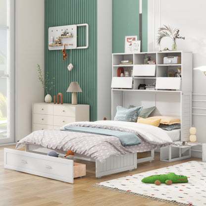 Queen Murphy Bed with Bookcase Storage – White