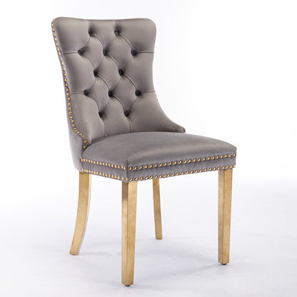 Tufted Velvet Dining Chair Set (2 pcs) – Gray & Gold Legs