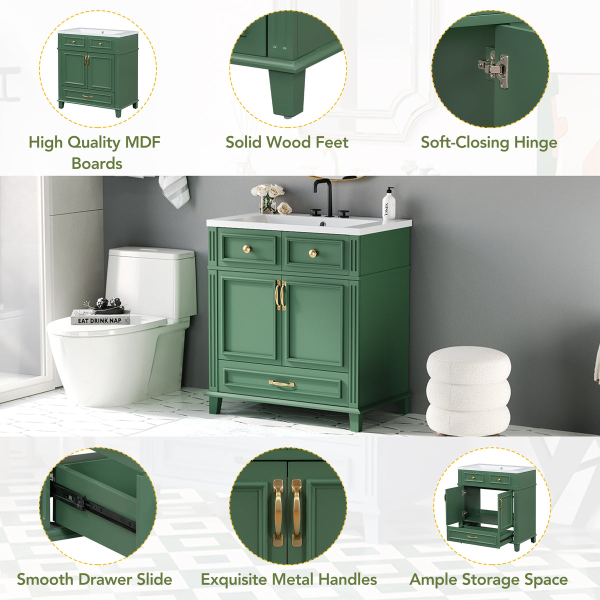 30-Inch Solid Wood Bathroom Vanity with Sink Green