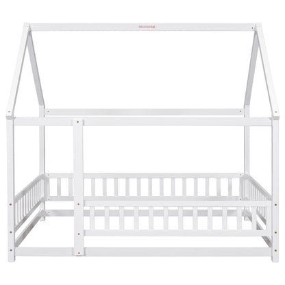 Full Wooden Bed with House Roof Frame White
