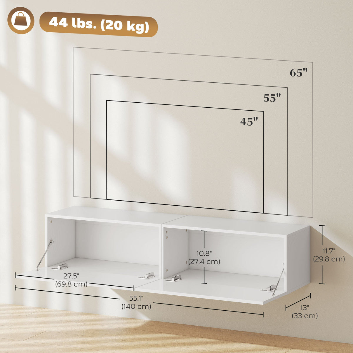 Hunter Floating TV Stand with Storage Cupboards for TVs up to 65 Inches-White